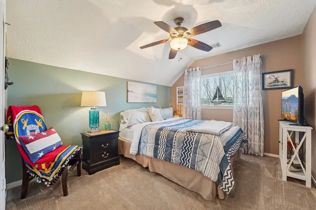 a bedroom with a bed a chandelier and a flat screen television