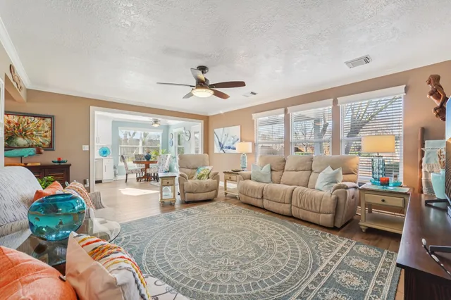 a living room with furniture ceiling fan and a rug