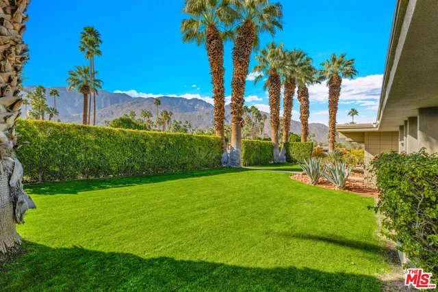 a view of a garden with a building in the background