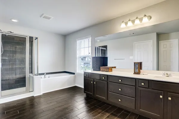 a bathroom with a tub sink double vanity and a mirror