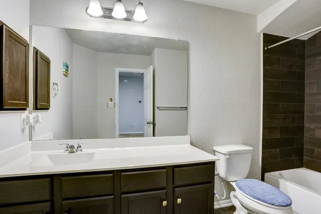 a bathroom with a sink a toilet a mirror and shower