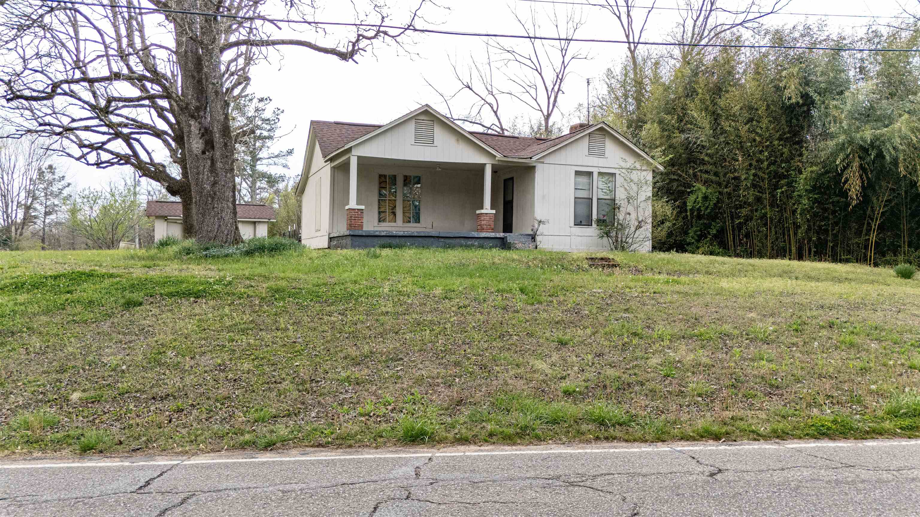 a white house that has a tree in front of it