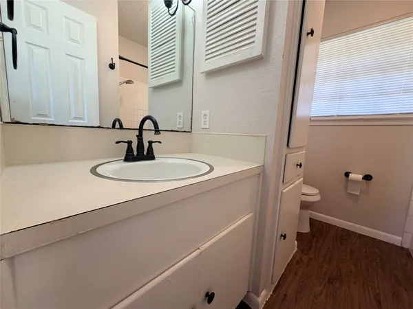 a bathroom with a sink a toilet and a mirror