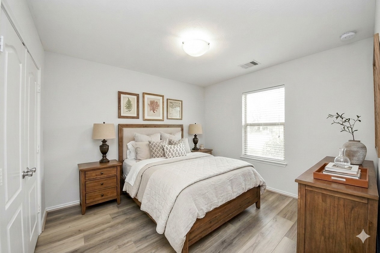 2930 Ribbon Creek Way Spring, TX 77389 - Photo 13 of 25 Bright and cozy virtually staged bedroom featuring a comfortable bed, stylish wooden furniture, and elegant decor.