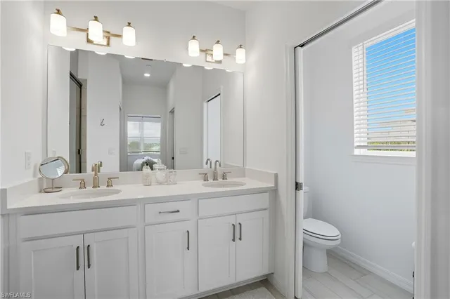 a bathroom with a toilet a sink a light fixture and a mirror