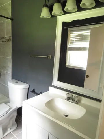a bathroom with a toilet sink and mirror