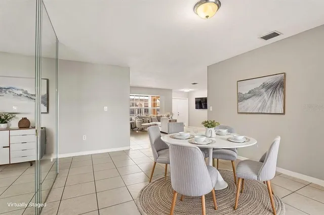 a view of a dining room with furniture