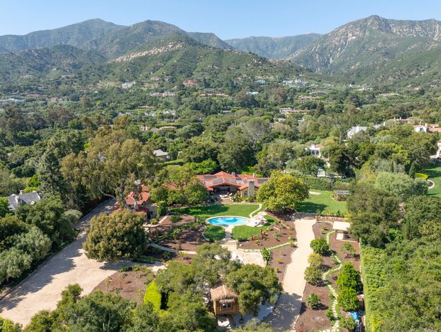 a view of a forest with mountains in the background