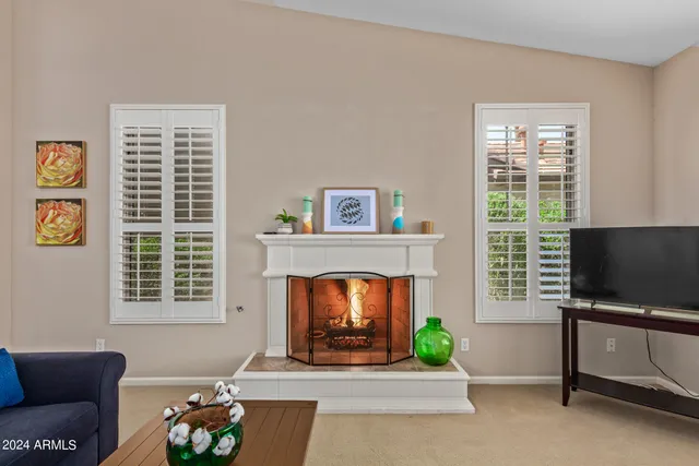 a living room with furniture a window and a fireplace