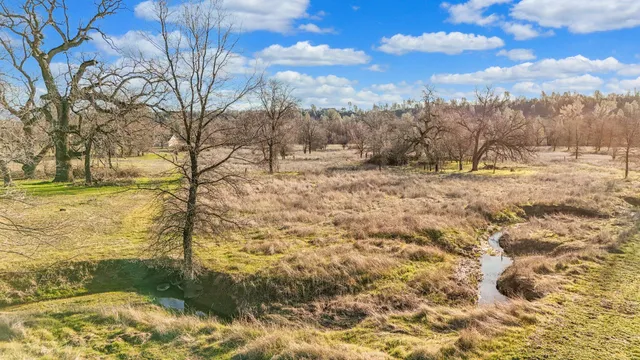 a view of a yard with wooden fence