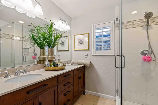 a bathroom with a granite countertop sink a potted plant and a shower