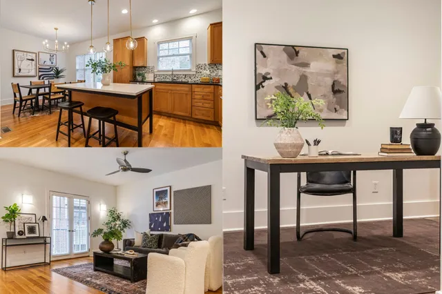 a living room with stainless steel appliances kitchen island granite countertop furniture and a kitchen view