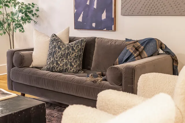 a living room with furniture and a potted plant