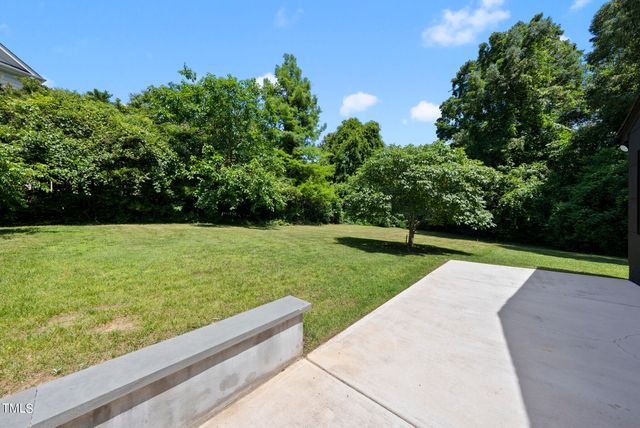 a view of a garden with potted plants and large trees