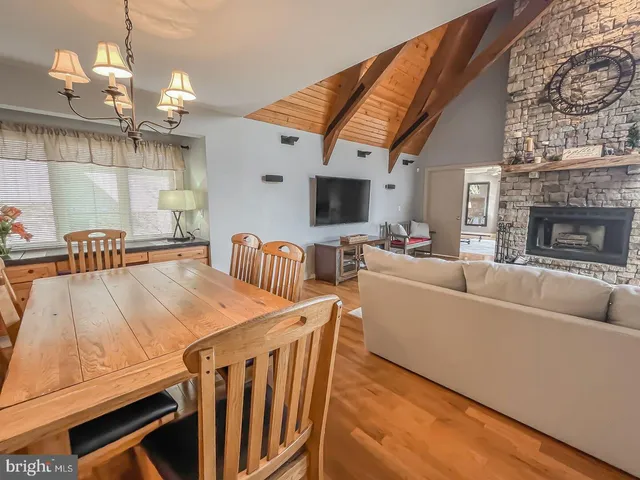 a living room with furniture a fireplace and a chandelier