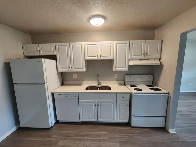 a kitchen with a sink a stove a refrigerator and cabinets