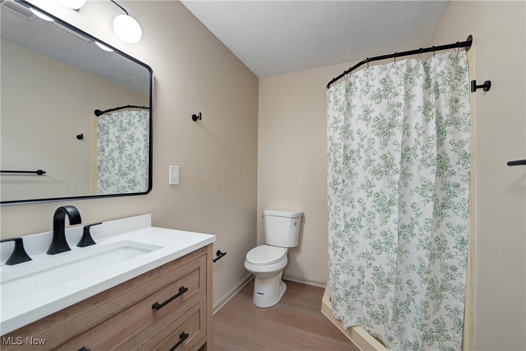 433 Chestnut Road Independence, OH 44131 - Photo 37 of 50 Bathroom with wood finished floors, vanity, a textured ceiling, and a shower with shower curtain