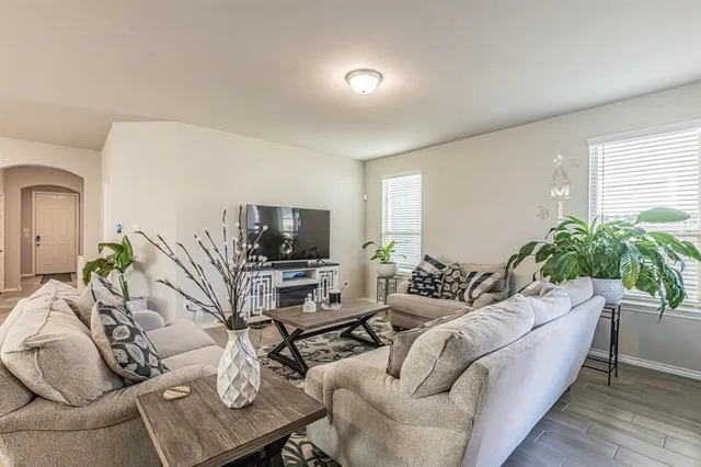 a living room with furniture a flat screen tv and a potted plant