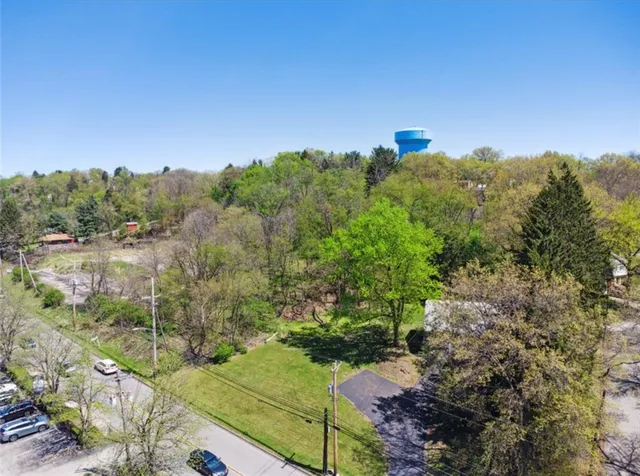 a view of a city with lush green forest