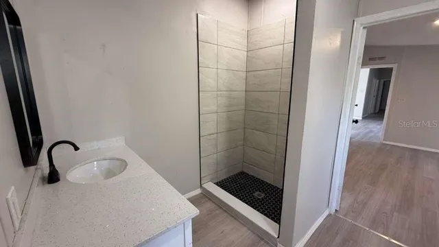 a bathroom with a bathtub