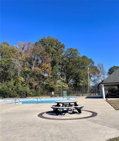 a view of a park with large trees