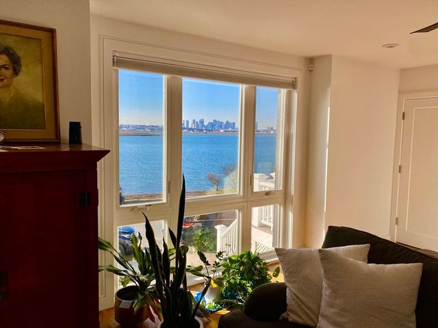 a living room with a large window and a potted plant