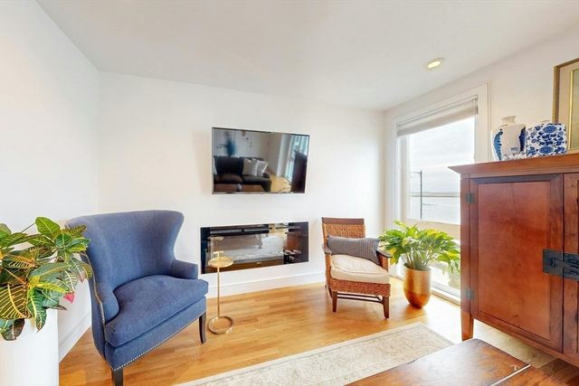a living room with furniture fireplace and a potted plant