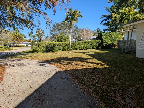 a view of a backyard with large trees