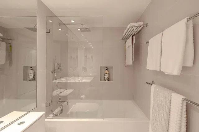 a bathroom with a bathtub and a shower