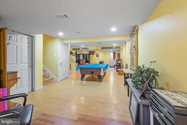 a lobby with furniture