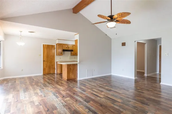 a fireplace with a wooden floor