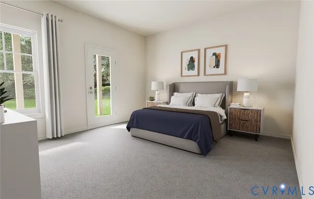 a bedroom with a bed lamp and a large window