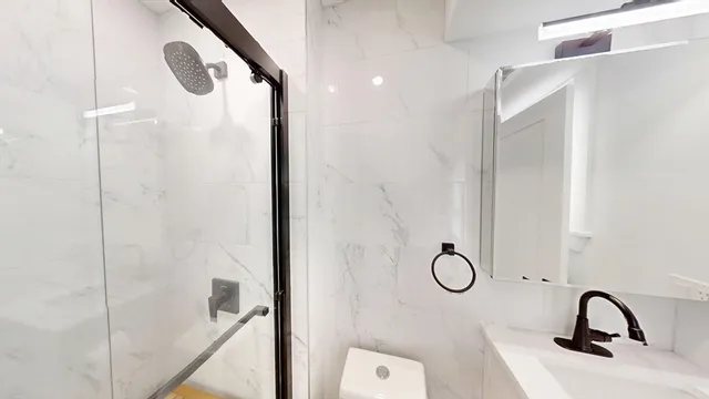 a bathroom with a shower and mirror
