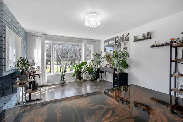a living room with furniture and a potted plant