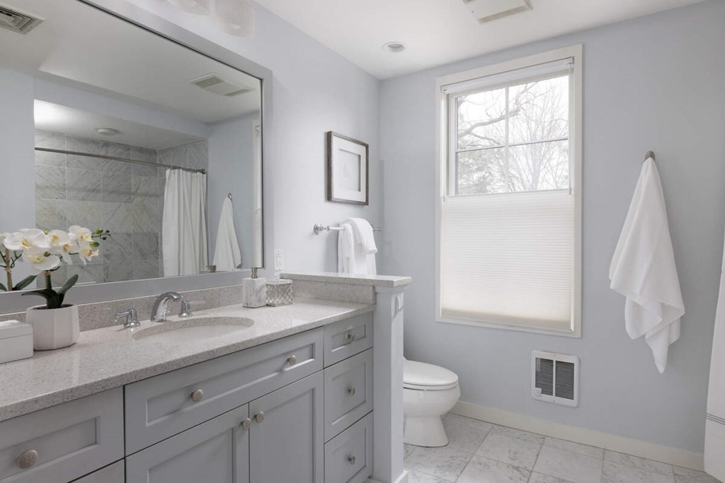 1175 Chestnut Street, Unit 2 Newton, MA 02464 - Photo 10 of 13 a bathroom with a granite countertop sink a toilet and a window