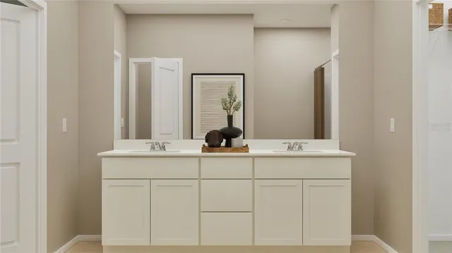a bathroom with a double vanity sink and mirror