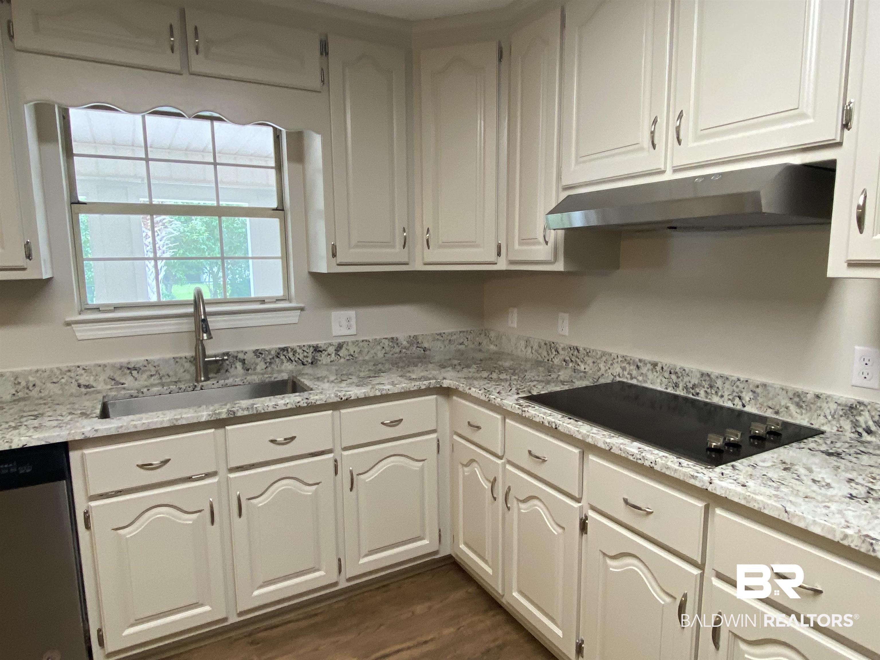 12150 Lee Bishop Road Irvington, AL 36544 - Photo 13 of 26 Kitchen with stainless steel dishwasher, dark wood finished floors, black electric cooktop, a sink, and under cabinet range hood