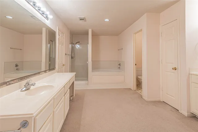 a spacious bathroom with a bathtub shower sink vanity and a mirror