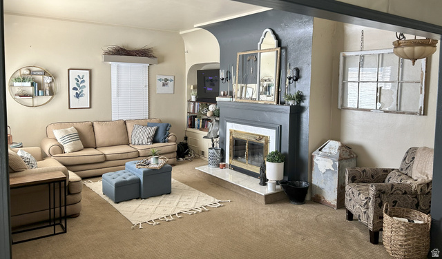 40 South State Street Scipio, UT 84656 - Photo 7 of 39 Living room featuring carpet and a fireplace