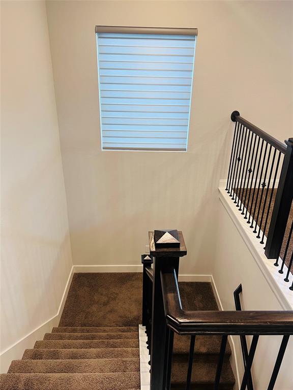 6825 Entwistle Road Frisco, TX 75034 - Photo 12 of 25 Carpeted stairway featuring a dark wood handrail with decorative newel posts and black metal balusters