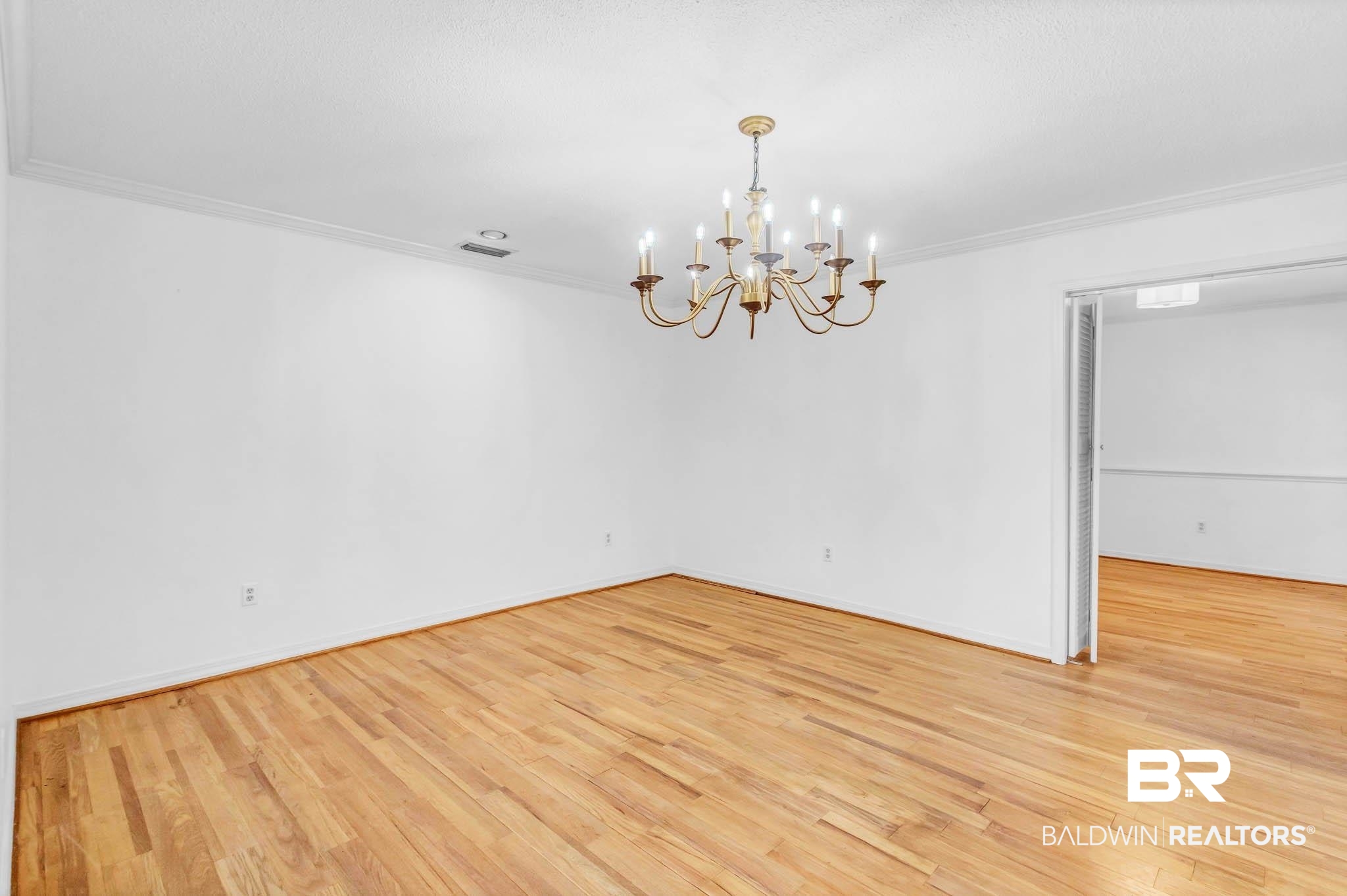 309 West Brandy Run Road Mobile, AL 36608 - Photo 28 of 100 Spare room featuring ornamental molding, a chandelier, and light wood-type flooring