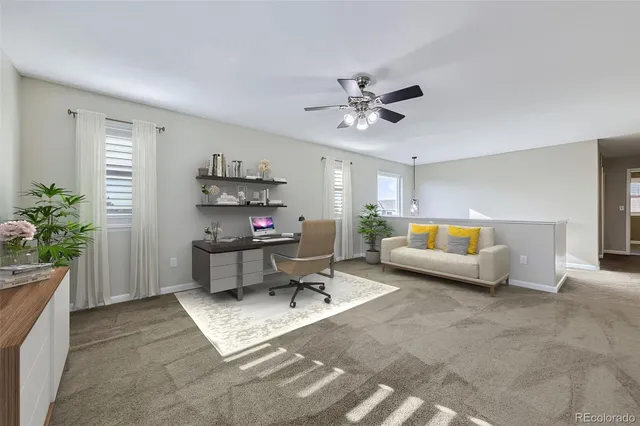 a living room with furniture and a potted plant