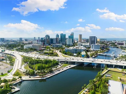 a view of a lake with a city