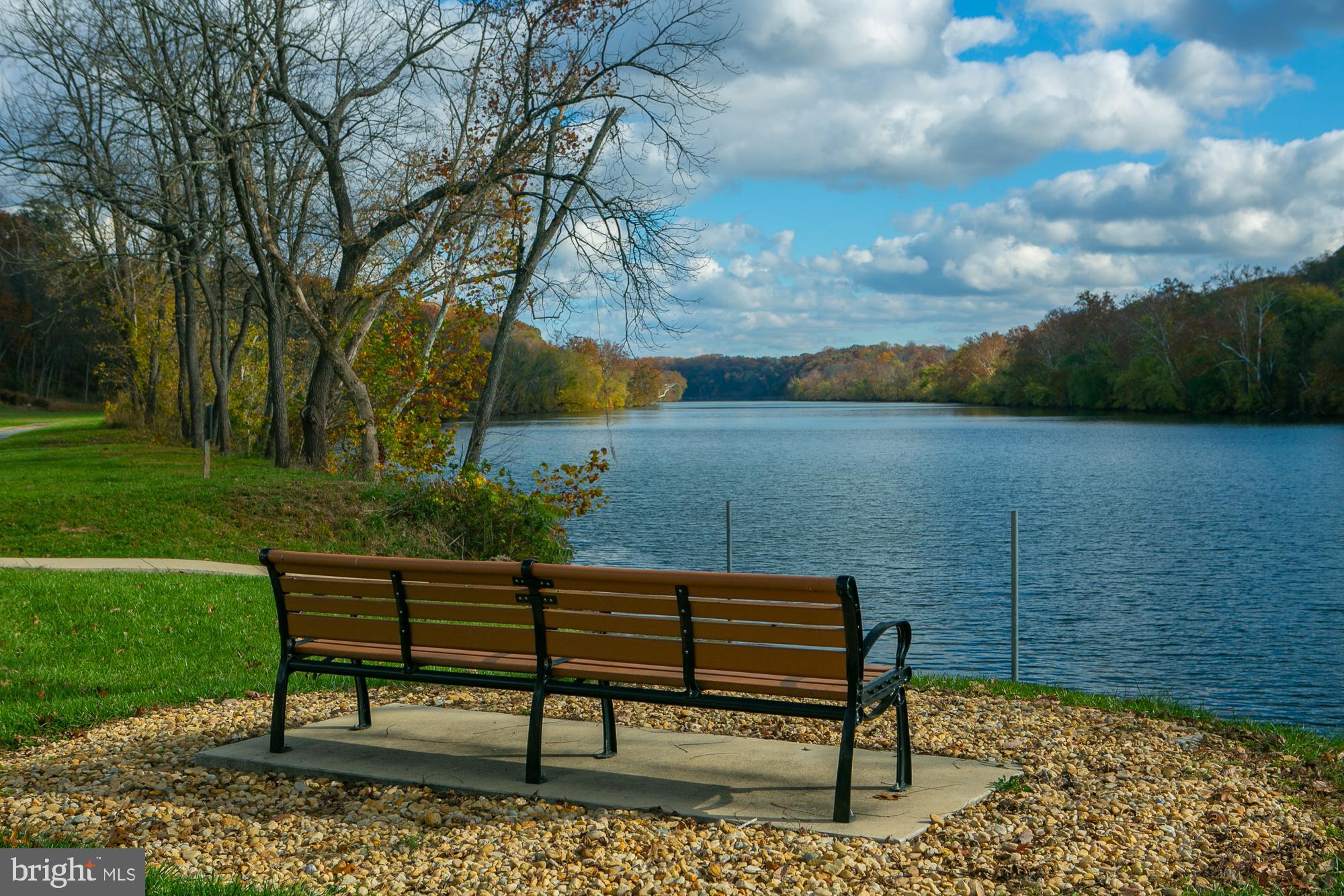 a view of a bench in the garden near a lake