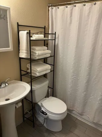 a view of a swimming pool with lawn chairs and large trees