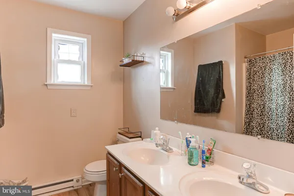 a bathroom with a sink toilet and mirror