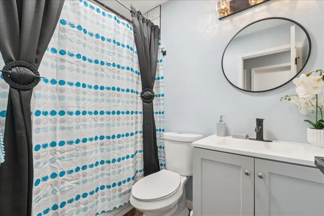 a bathroom with a sink a toilet and a shower curtain