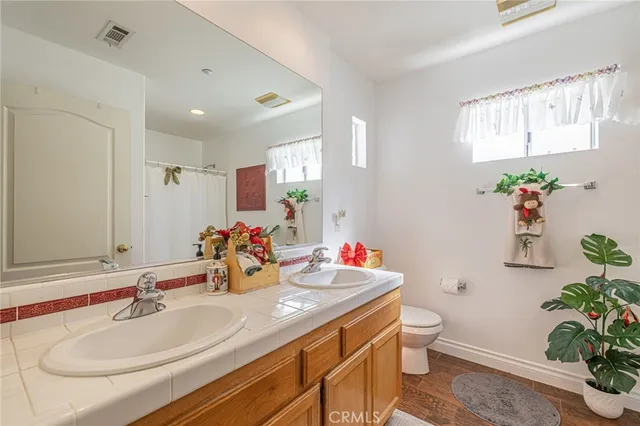 a bathroom with a sink mirror and toilet