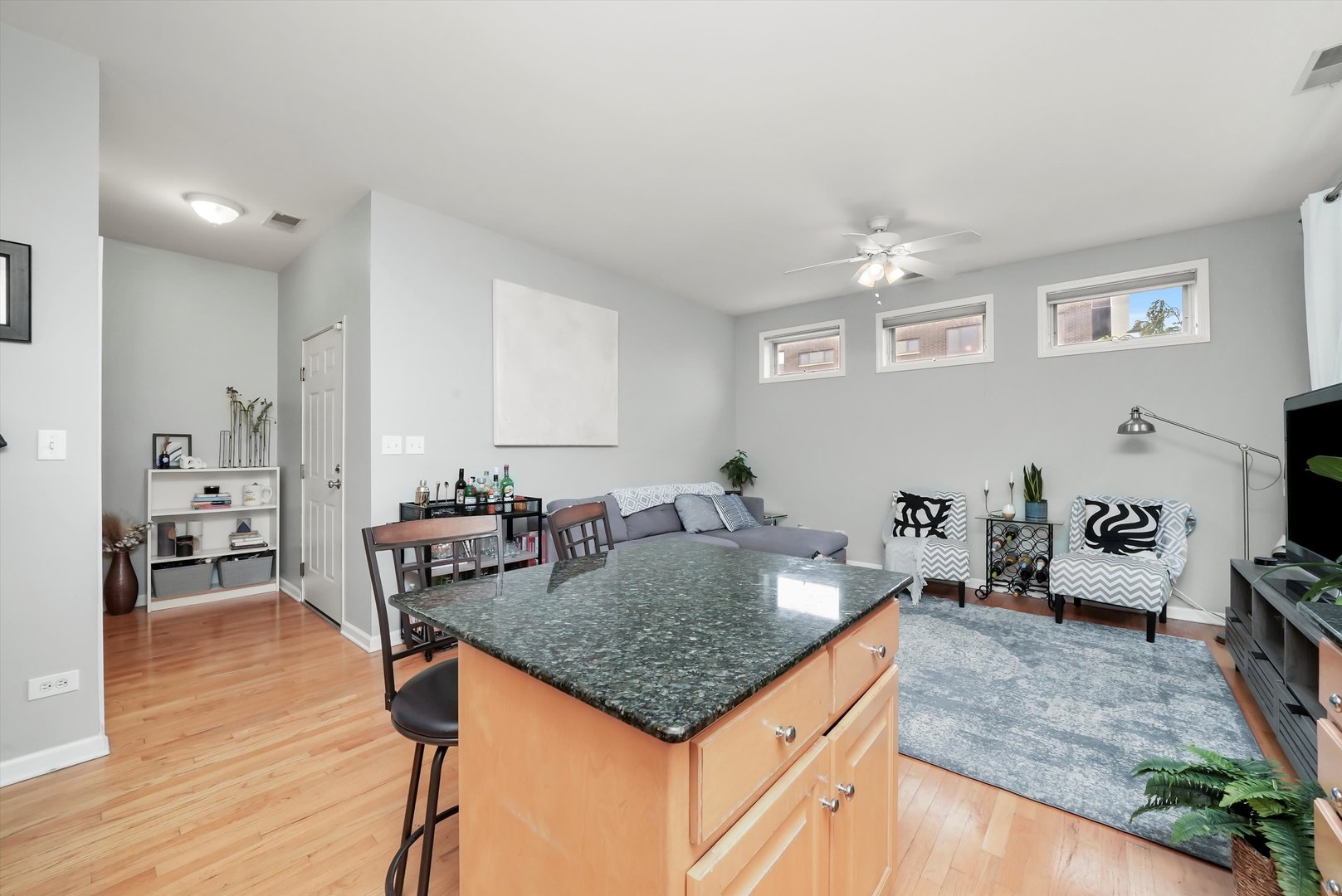 1535 West Ohio Street, Unit 2 Chicago, IL 60642 - Photo 9 of 25 a living room with stainless steel appliances granite countertop furniture and a wooden floor