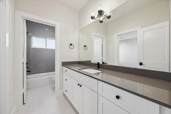 a bathroom with a granite countertop sink a bathtub and shower